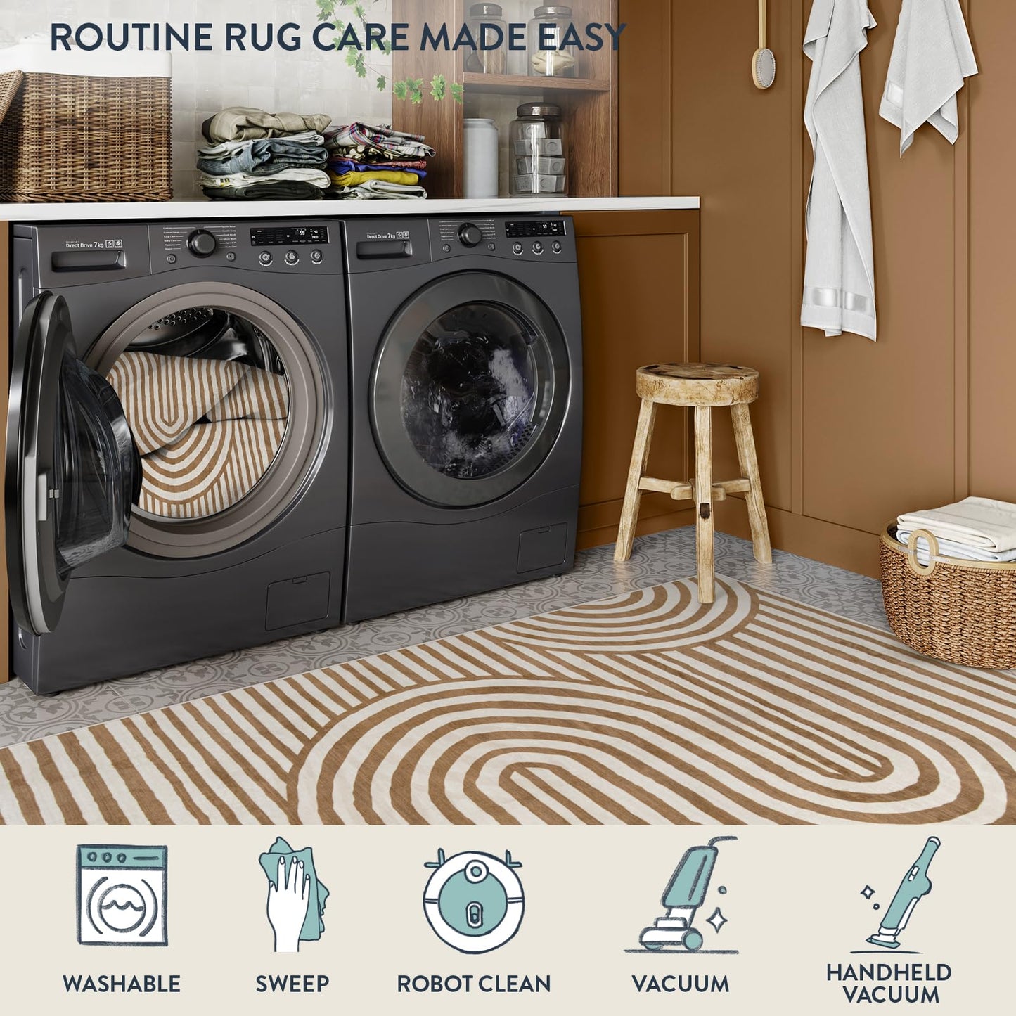 Lahome Modern Washable Rugs 8x10,Machine Washable Bedroom Rug Kids Rugs for Playroom Non Slip Soft, Play Room Backing Accent Ultra-Thin Carpet for Nursery Dining Room Classroom Alba（8'X10',Khaki