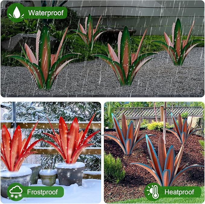 TOMBABY Enlarge Thickened Wind Resistant Metal Agave Garden Art Metal Plant Country Sculpture Statue Outdoor Decoration Agave Metal Plant Courtyard Garden Lawn Ornament Gift (1, 12 Leaves Blue)