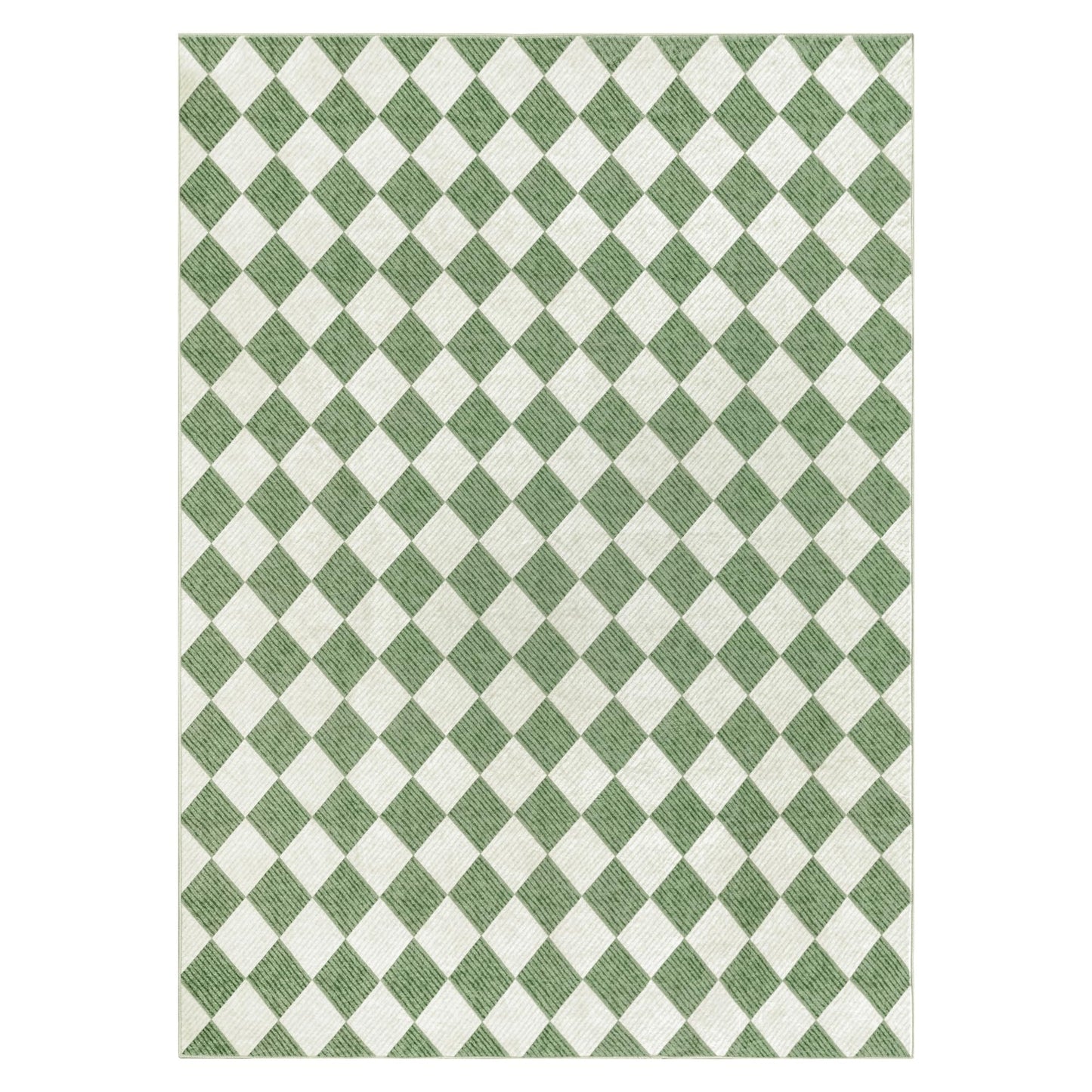 Kiginara Washable Green Checkered Rug 5x7, Non-Slip Low Pile Area Rug for Living Room, Bedroom, Nursery, Modern Neutral Farmhouse Diamond Carpet, Pet & Kid Friendly
