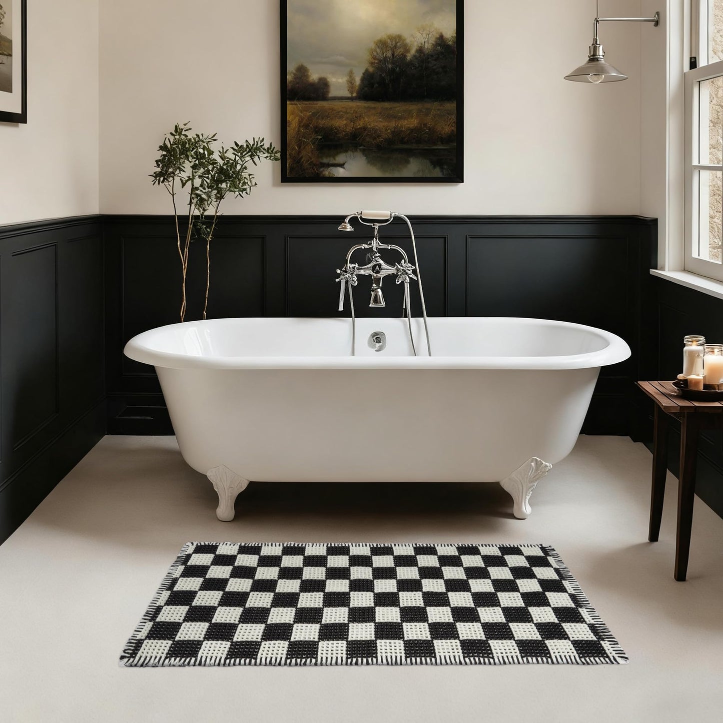 MatEssenz Checkered Runner Rug 2'x4', Black and White Waffle Weave Long Bathroom Rug with Tassels, Non-Slip & Quick Dry Bath Mat for Double Vanity & Kitchen, Machine Washable Boho Decor