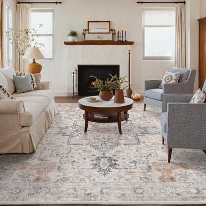 GENIMO 8x10 Area Rugs for Living Room, Machine Washable Non Slip Vintage Area Rugs, Low Pile Lightweight Print Rug for Bedroom, Dining Room, Home Office, Light Taupe Brown