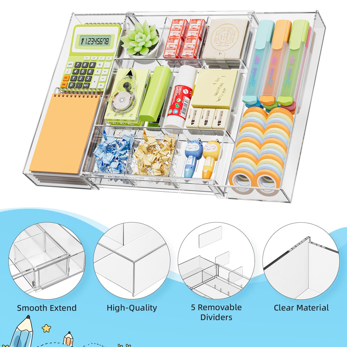 Marbrasse Expandable Desk Drawer Organizer, Clear Plastic Drawer Organizer Tray with 10 Adjustable Compartments, Desk Organizers and Accessories, 5 Drawer Dividers for Office Supplies, Makeup(Clear)