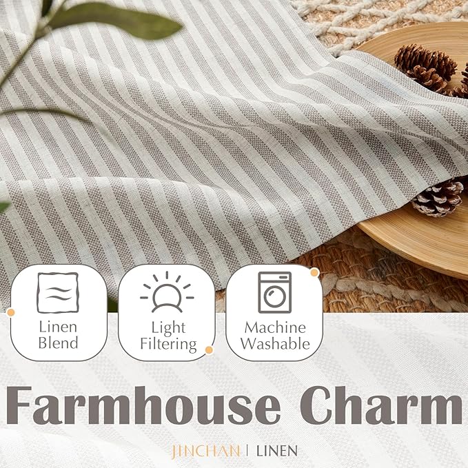 jinchan Striped Linen Kitchen Curtains 45 Inches Tier Curtains Farmhouse Modern Cafe Style Small Window Treatments Airy Light Filtering Rod Pocket for Living Room Bathroom 2 Panels Taupe Grey