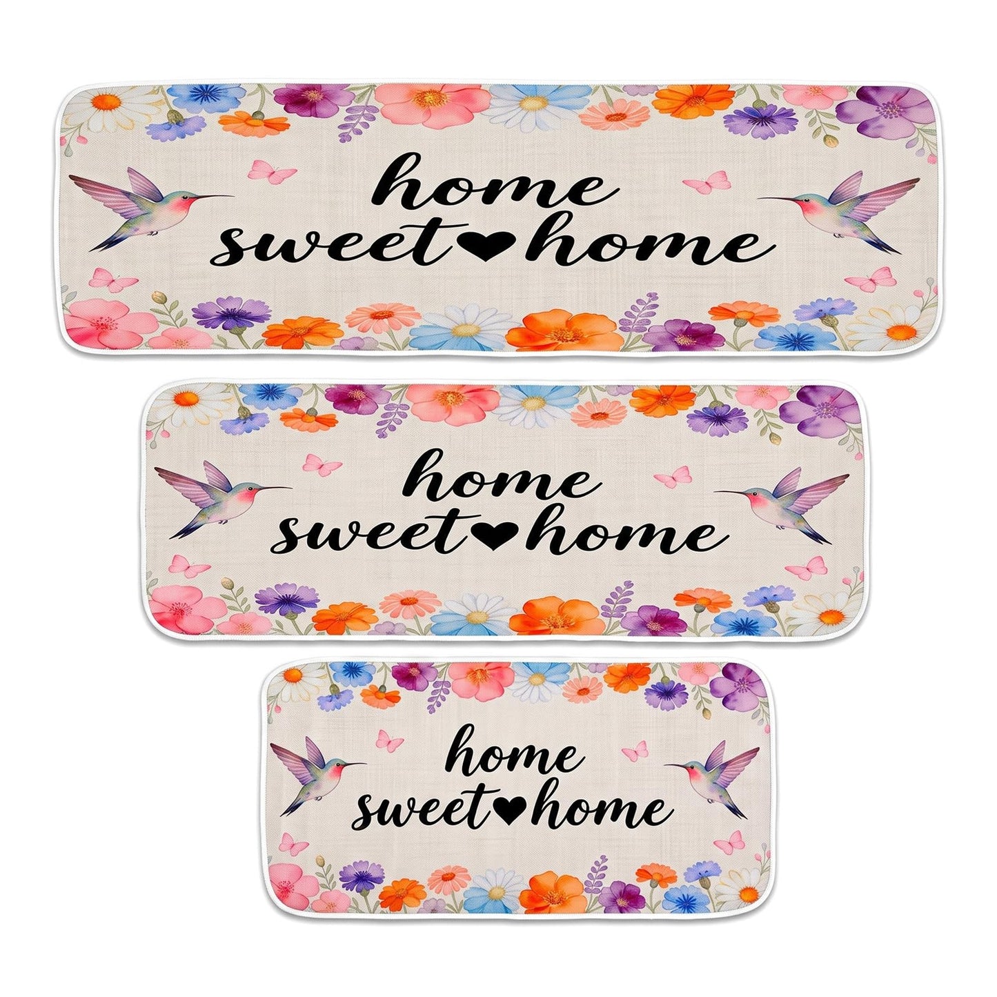 Kitchen Mats for Floor 3PCS,Non Slip Waterproof Kitchen Sink Rugs,Washable Spring Hummingbird Floral Door Mat Comfort Standing Mat for Laundry, Desk, Bar, Office,17“x32”+17“x47”+17“x60”(Hummingbird)