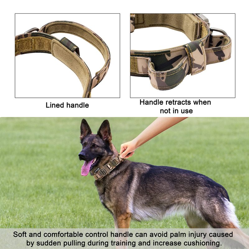 OEBEESA Tactical Dog Collar Adjustable Military Collar: - Nylon K9 Collars with Handle and Heavy Duty Metal Buckle for Medium and Large Dogs with 3 Patches and Airtag Case Holder (XL, Camo)