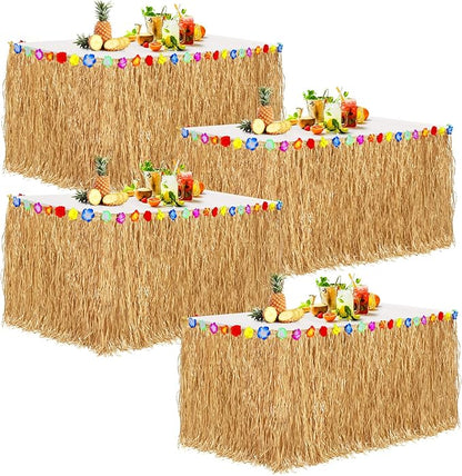 Aodaer 4 Pack Thickened Grass Table Skirt Natural with Hibiscus Flowers 400g Hawaiian Luau Tropical Party Decor Fringe Party Decoration for Costume Tiki Tropical Hawaii Moana Birthday, Straw Yellow