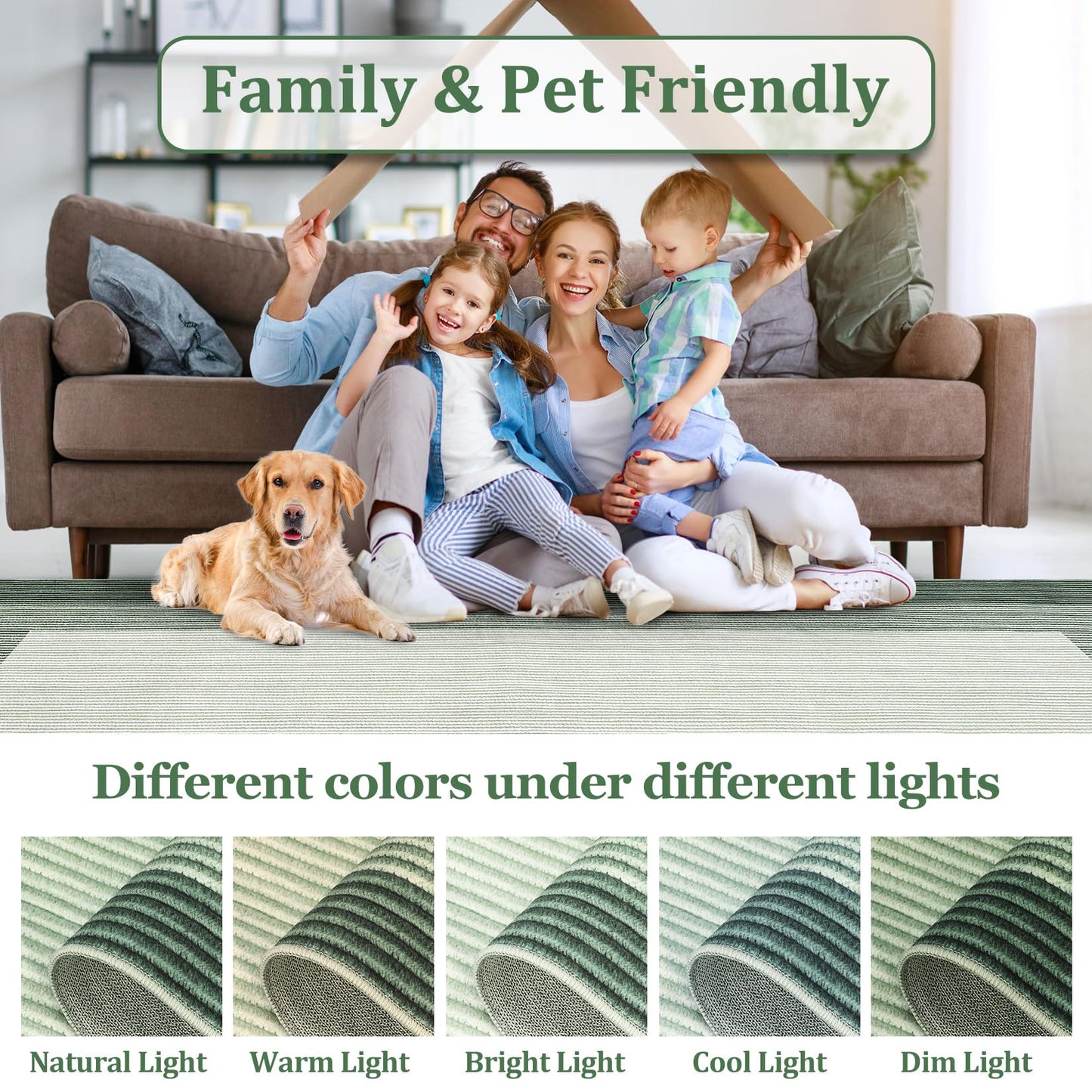GarveeHome Washable Rug 8x10 Living Room Rug Neutral Bordered Carpet for Dining Room Solid Non Slip Low Pile Pet Friendly Large Carpet for Farmhouse Apartment Bedroom Dorm Green
