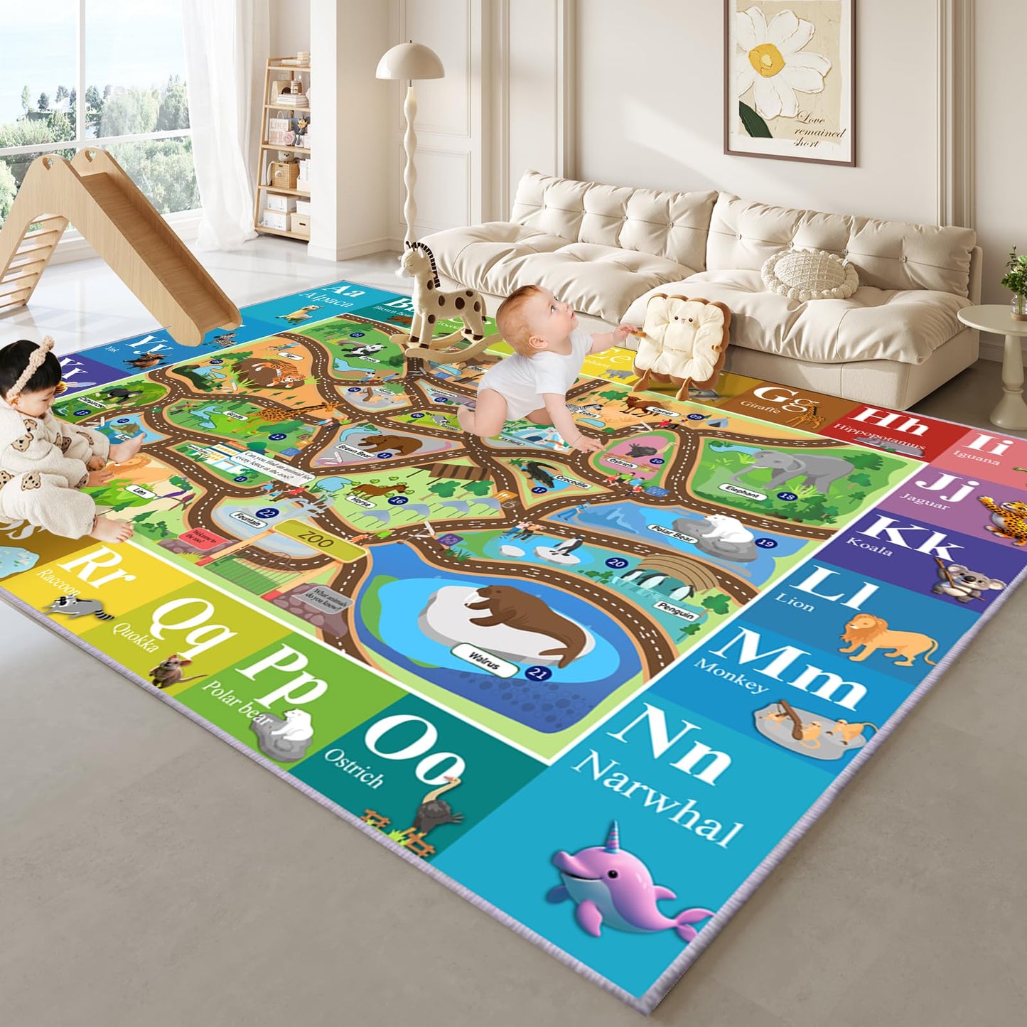 MOFAZEE Zoo map Carpet, 2'8"×4' English Letter Carpet, Washable ABC Rug for Kids Room, Non-Slip Alphabet Play Mat with Animal Illustrations, for Classrooms/Home Learning Areas