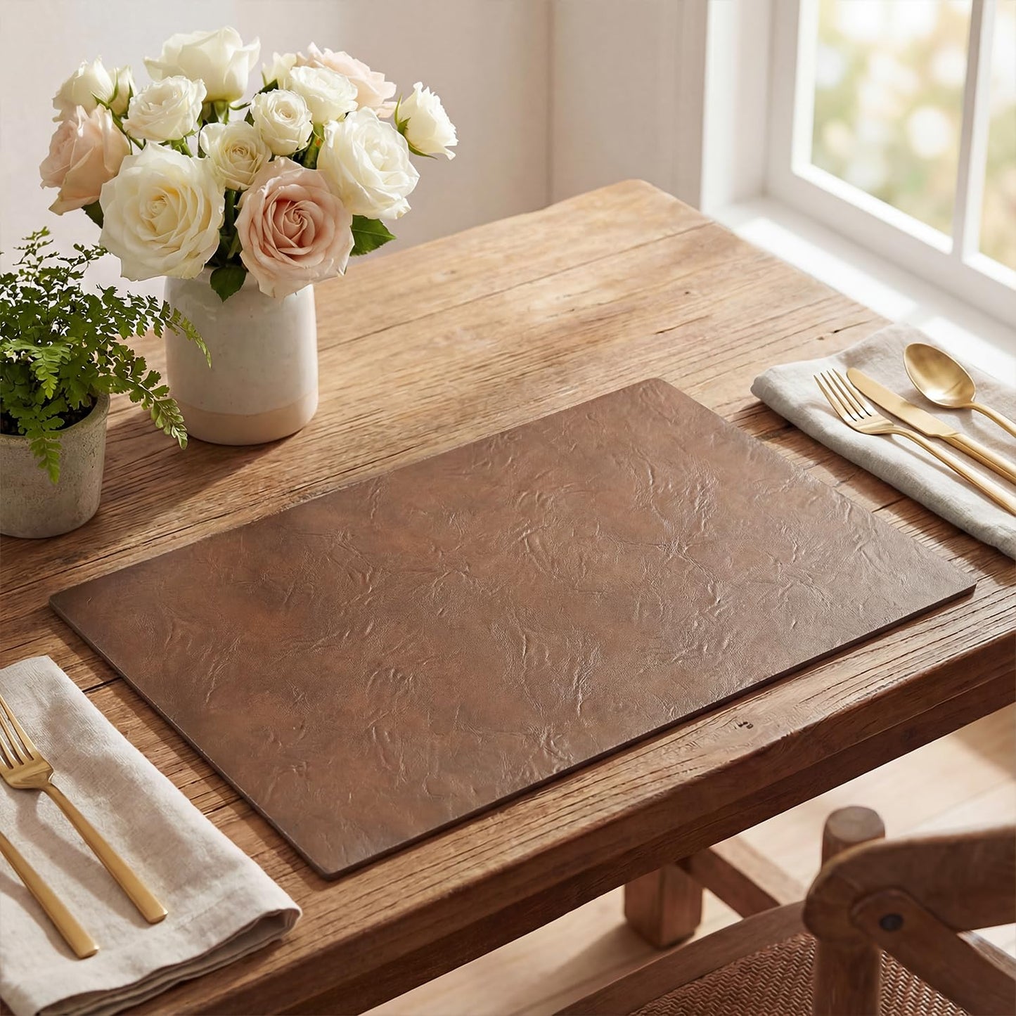 Artoid Mode Brown Faux Leather Placemats Set of 6, 12x18 Inch Waterproof Wipeable Heat Resistant Vinyl Place Mats, Reversible Table Mats for Kitchen Dining Decor