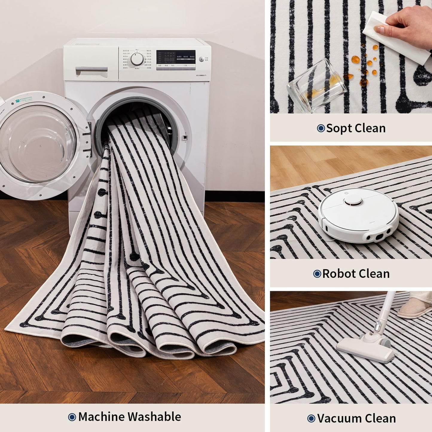 YIHOUSE Washable 4ft Round Rug for Entryway Non Slip, Black and White 4x4 Area Rugs for Living Room Non Skid Non-Shedding, Striped Modern Circle Carpet for Bedrom Kitchen