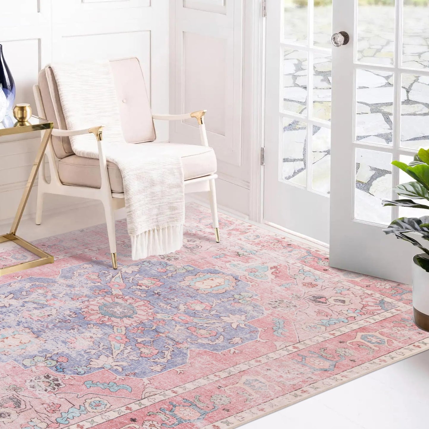 Sofrug Area Rug 3x5 - Vintage Ocean Pink Mixed Area Rugs Honeycomb Non Slip Backing Carpet Foldable & Machine Washable Distressed Rugs for Living Room Bedroom Dining Room Home Office
