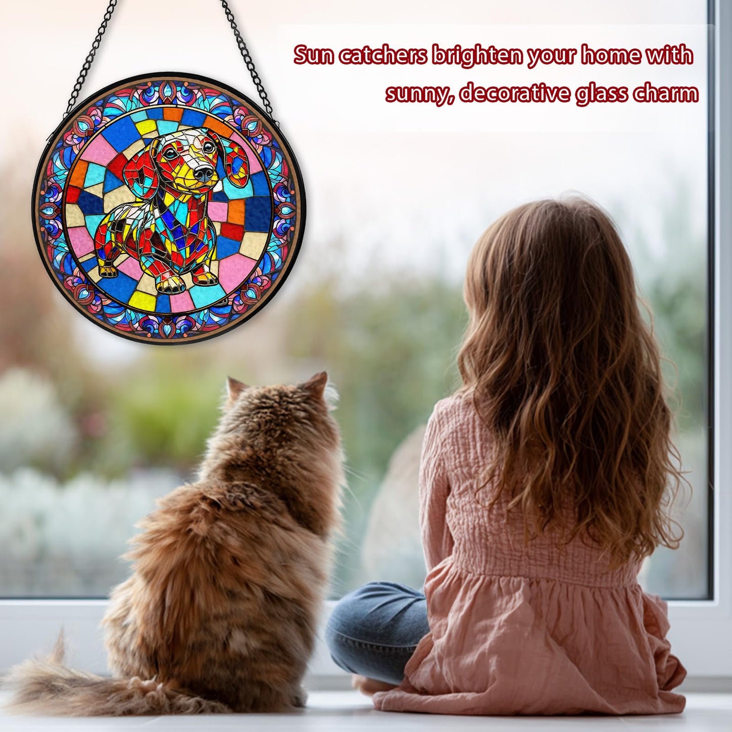 Dog Stained Glass Window Hanging, Suncatcher for Window Hanging, Sun Catchers Indoor Windows Wall Art for Mom Grandma, Gifts for Dog Lovers, Christmas Decor,for Home Garden Office 7.87