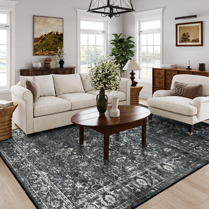 Lahome Margot Area Rugs 9x12 Living Room Soft Large Rugs for Bedroom, Boho Black Dining Room Rug, Distressed Non Slip Low Pile Carpet for Indoor Home Office(9'x12', Black/Grey)