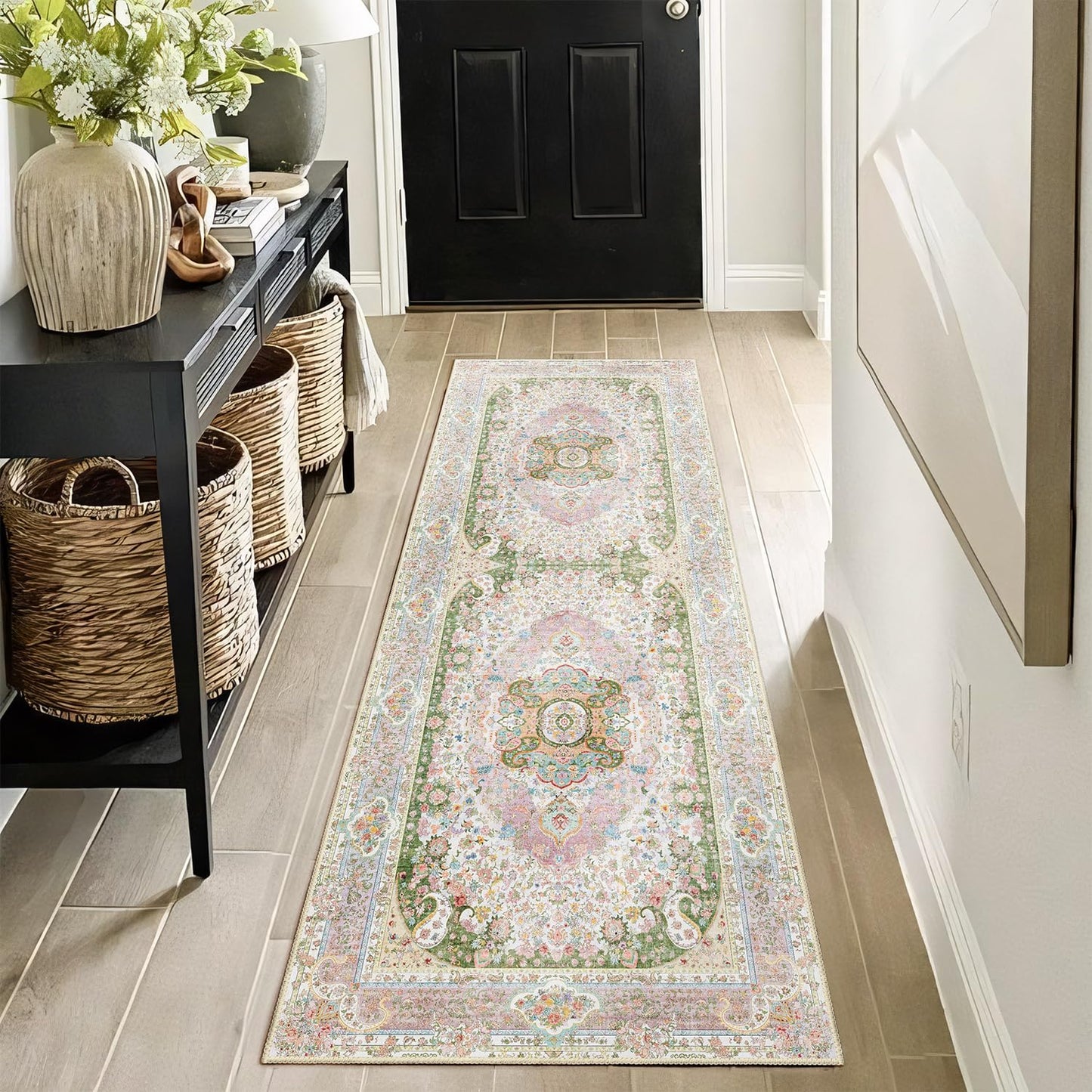 Castage Washable Runner Rug 2x6,Pink Rug Runners Non Slip,Long Boho Rugs for Hallways Kitchen Bedroom Entryway Living Room Bathroom,Vintage Bohemian Distressed Floor Carpet,Blush Green