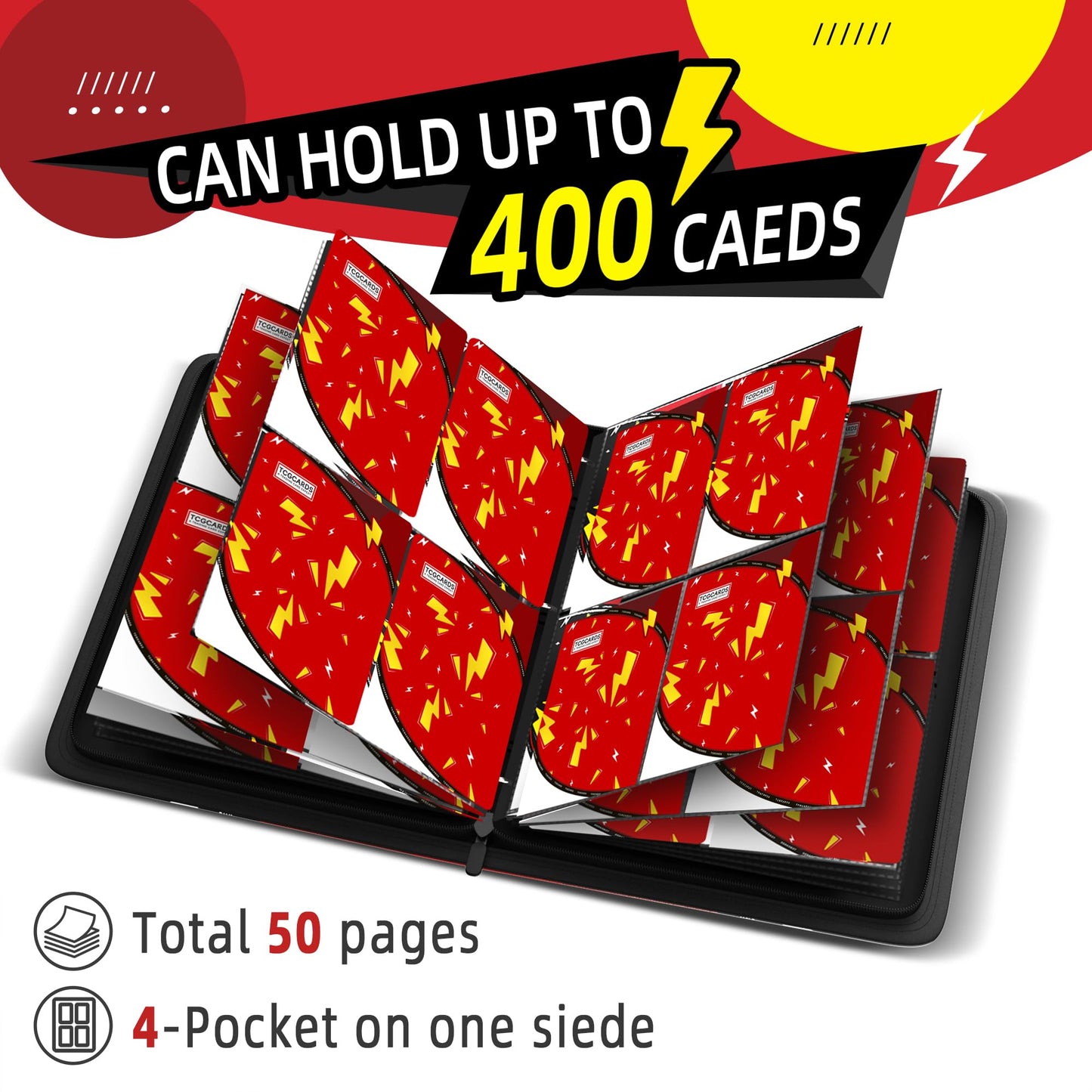 Trading Card Binder 4 Pocket,400 Pocket Card Collection Binder with 50 Removable Sleeves,PU Waterproof Top Card Book,3-Ring Zipper Collectible Trading Card Album for MTG/TCG/Card Holder Gift（Red）