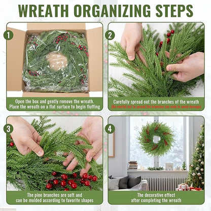 26 Inch Pine Wreath - Christmas Wreaths for Front Door - Real Touch Pine Wreath - Large Artificial Green Wreaths for Walls Windows Porches Farmhouse Indoor Outdoor Home Decor with Red Berries