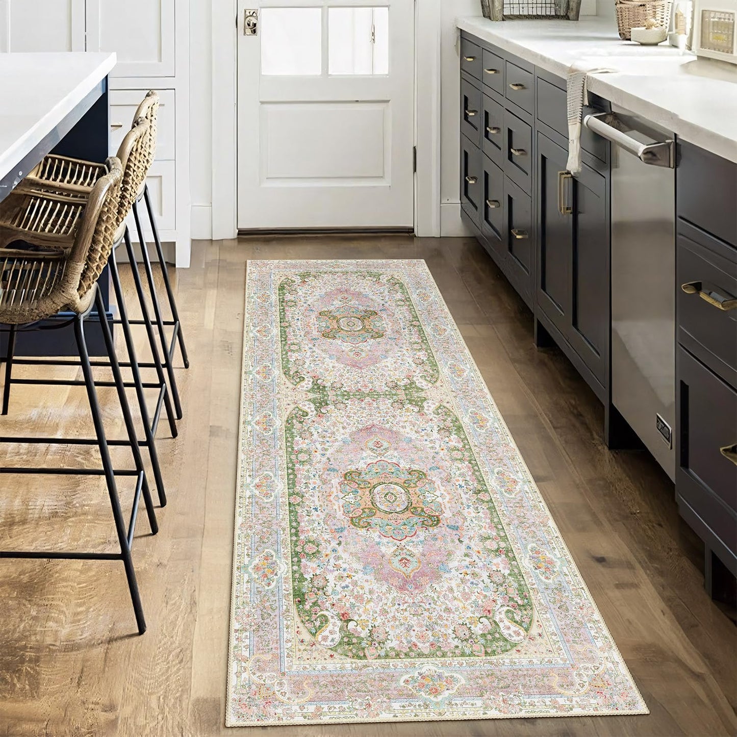 Castage Washable Runner Rug 2x6,Pink Rug Runners Non Slip,Long Boho Rugs for Hallways Kitchen Bedroom Entryway Living Room Bathroom,Vintage Bohemian Distressed Floor Carpet,Blush Green