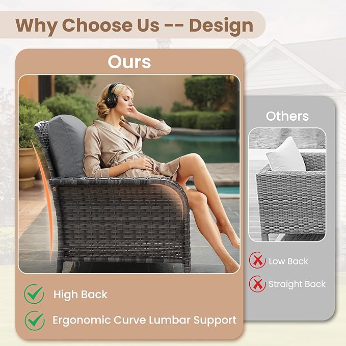 HOOOWOOO Patio Furniture Set,3 Pieces Outdoor Conversation Set,All Weather Wicker Bistro Set Yard Porch High Back Chairs Side Table,Dark Gray