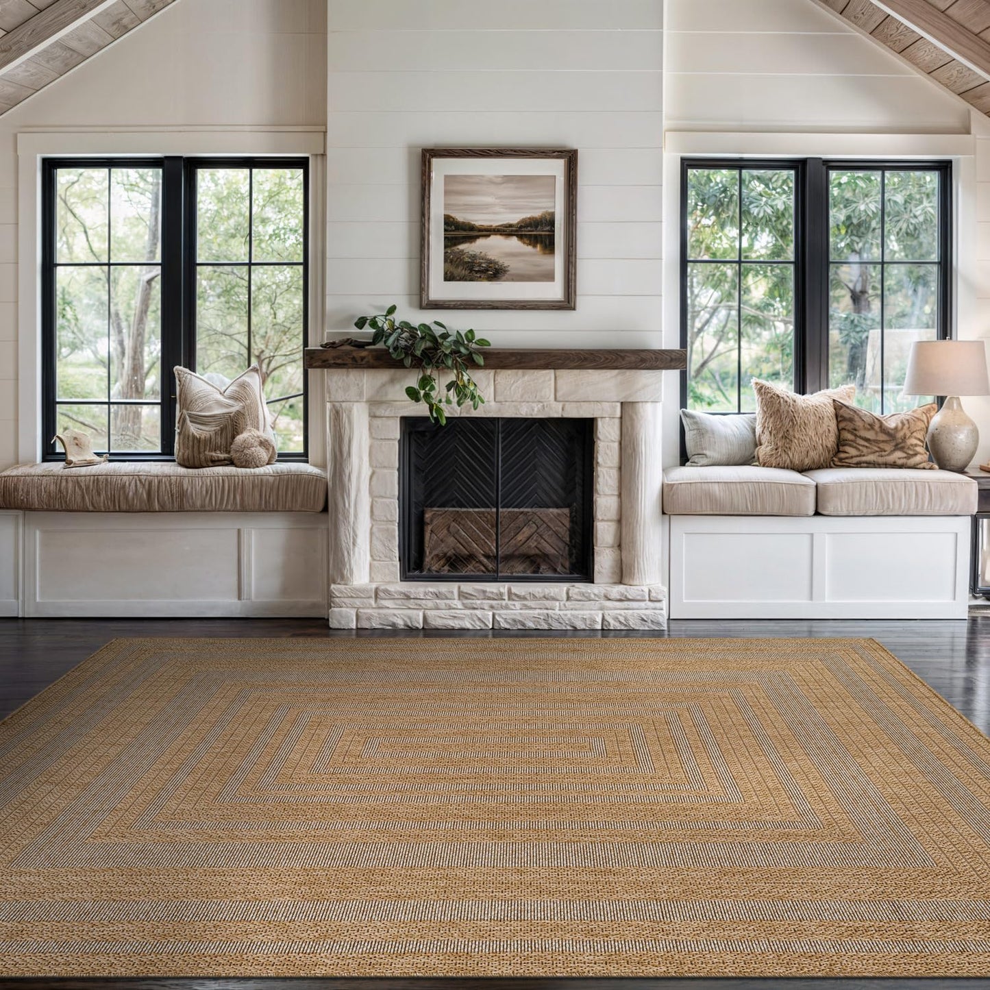 Beverly Rug Easy Jute Framed Border Rug 10x14 Washable Large Indoor Outdoor Area Rugs for Living Dining Room Patio Office Stain Resistant Non Shedding Casual Indoor Outside Carpet 10 x 14 Natural