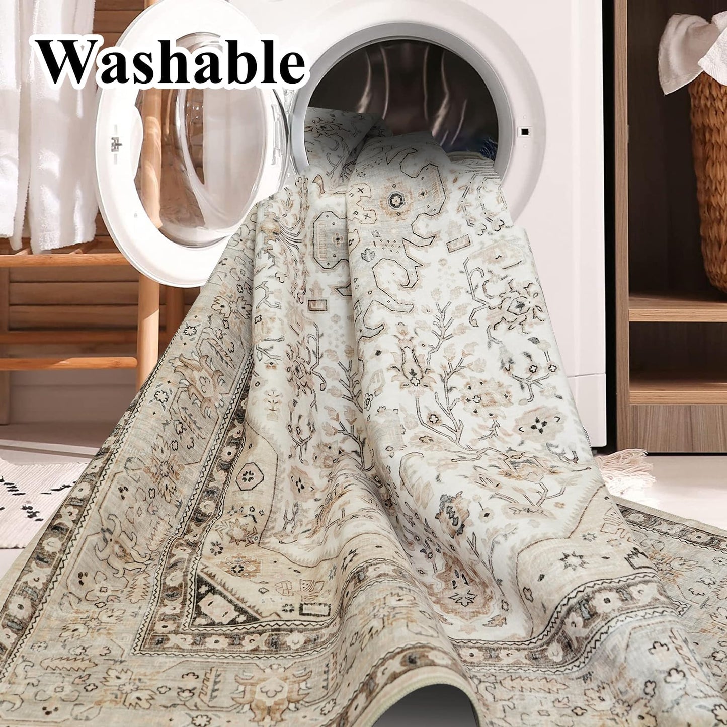 HILORUUG Washable Area Rug 9x12 - Bedroom Living Room Large Indoor Oriental Rugs - 0.13inch Low Pile Stain Resistant Rugs with Rubber Backing for at Least 108 sq ft Spaces (9x12 Ivory/Multi)
