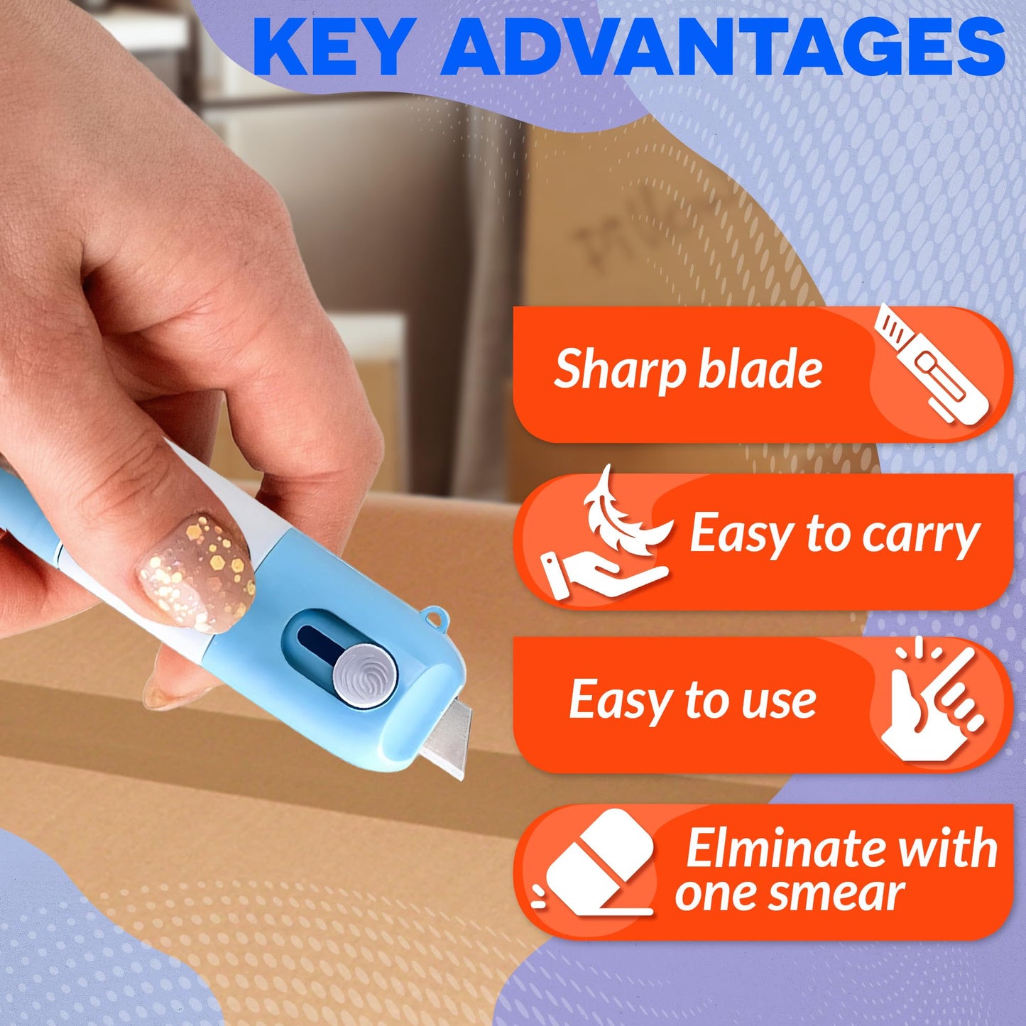 2 Pcs Water-Based Thermal Paper Eraser Pen with Mini Unboxing Knife - 2 in 1 Thermal Label Eraser with Box Cutter Knife for One Smear Printed Text Covering - Liquid Redacting Marker with Small Blade