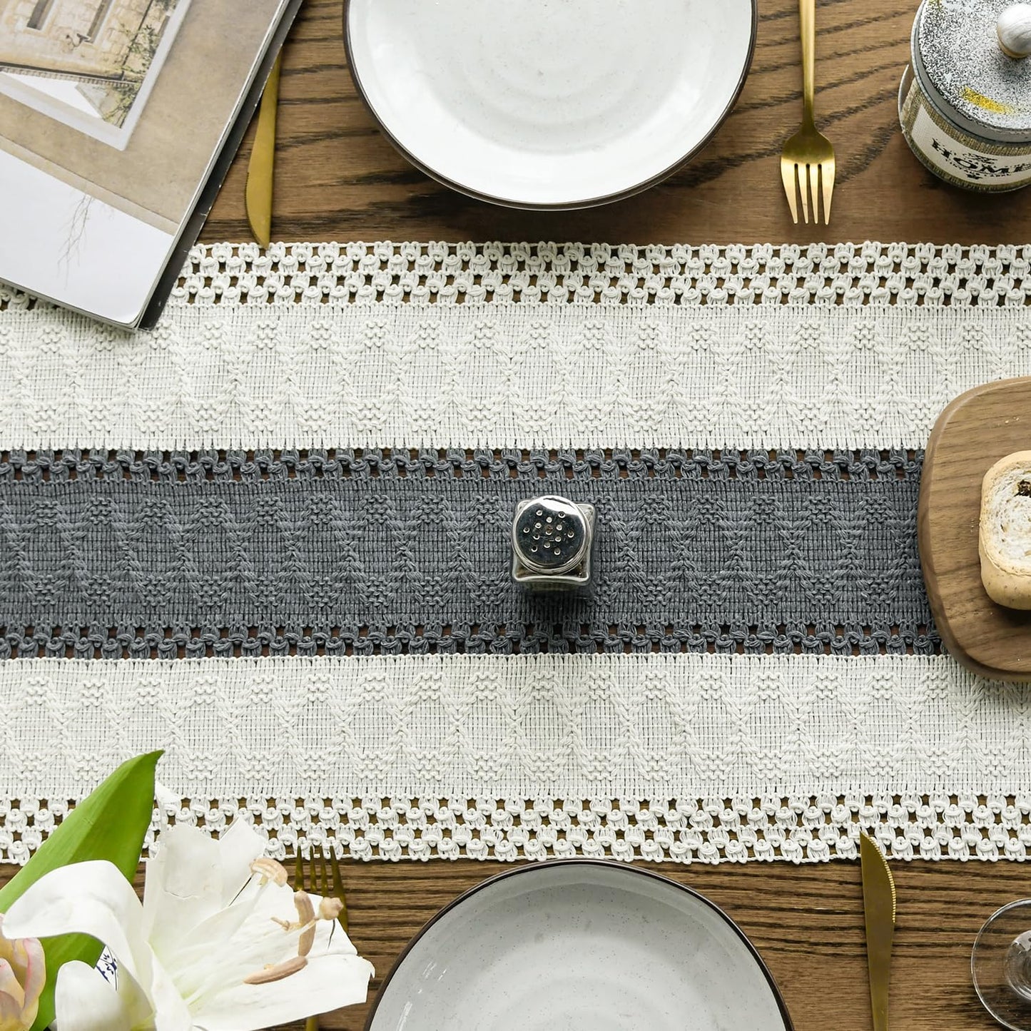 Artoid Mode Dark Grey Farmhouse Rustic Table Runner, Seasonal Holiday Hollow Kitchen Dining Table Decoration for Home Party Decor 12x72 Inch