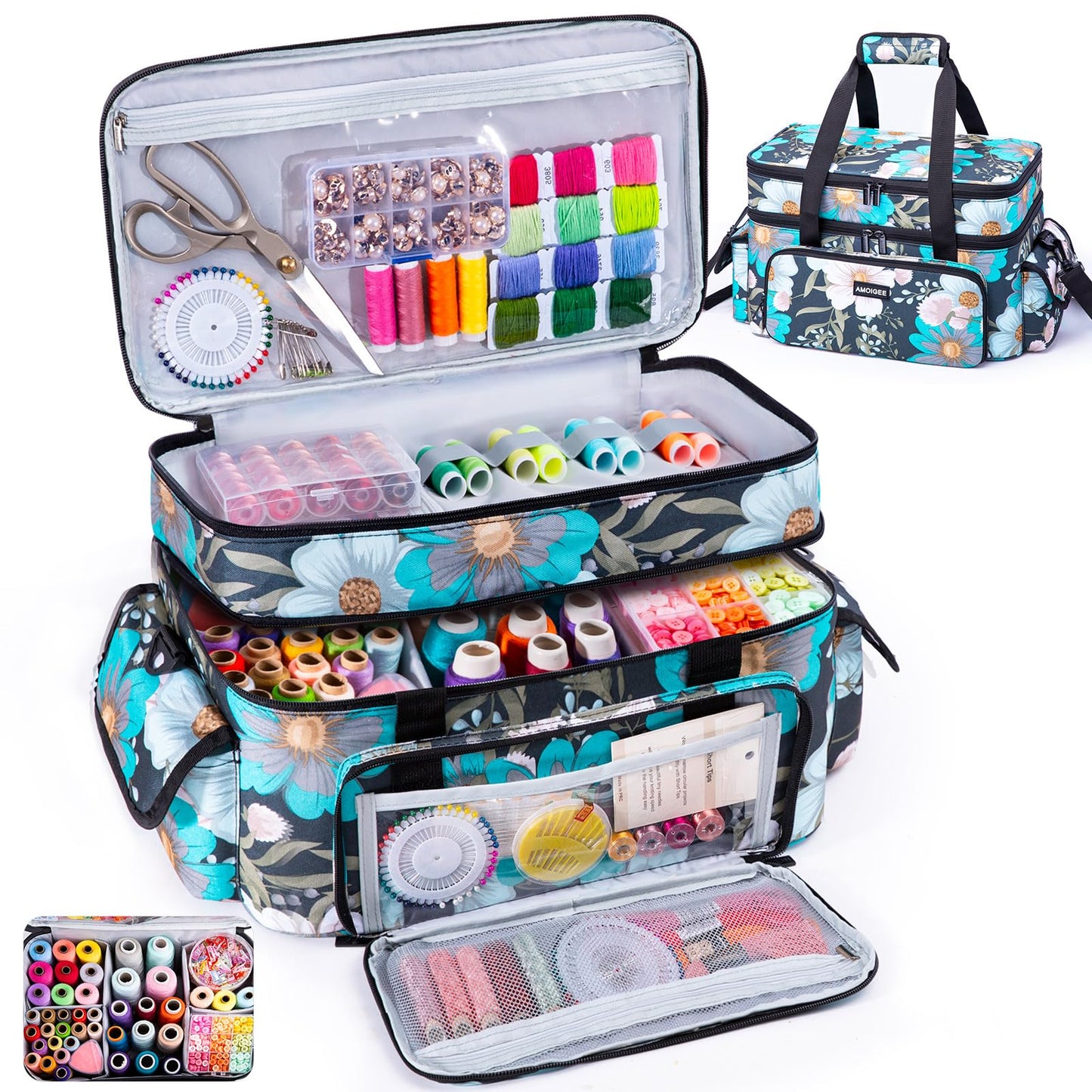AMOIGEE Large 15" Double-Layer Sewing Storage Bag with Detachable Diviers – Large Sewing Organizer with Shoulder Strap, Elastic Loops for Sewing Supplies, Tools & Accessories