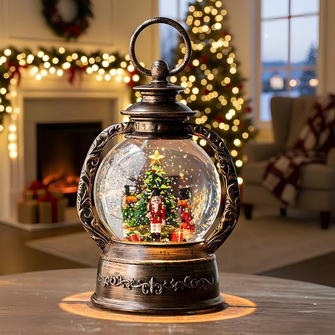 Christmas Snow Globe Lantern Water Glittering Nutcrackers with Music & Timer, USB Lined/Battery Operated Lighted Lantern for Christmas Festival Decoration Gifts