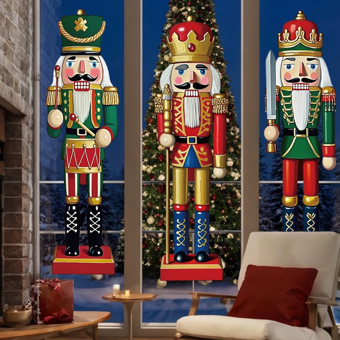 JarThenaAMCS 3 Sheets Christmas Window Clings Xmas Nutcracker Soldiers Extra Large Reusable Window Decals for Winter Holiday Home School Office Glass Decor