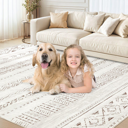 cotiled 8x10 Area Rugs Living Room Rug: Washable Boho Rugs with Non Slip Backing Large Soft Indoor Stain Resistant Carpet for Bedroom Farmhouse Dining Room Lightweight Home Decor L Brown/Cream