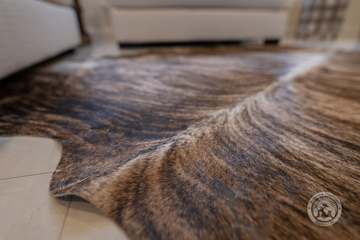 Sunshine Cowhides 100% Genuine Brindle Cowhide Rug - Modern Style Animal Skin Rug & Floor Carpet for Living Room, Bedroom, Kitchen & More - Extra Large (6x7-8 Ft.)