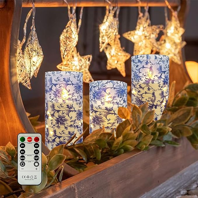 Printed Flameless Candles with String Lights - Set of 3 Blue and White Battery Operated Candle Flickering Floral LED Pillar Candles with Timer Remote for Home Decor Romantic Ambiance,BW