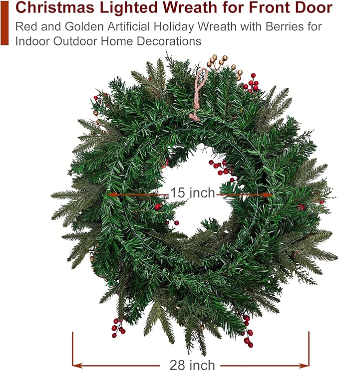 Christmas Lighted Wreath for Front Door, 28 Inches Pre-Lit 35 LED Lights, Red and Golden Artificial Holiday Wreath with Berries for Indoor Outdoor Home Decorations
