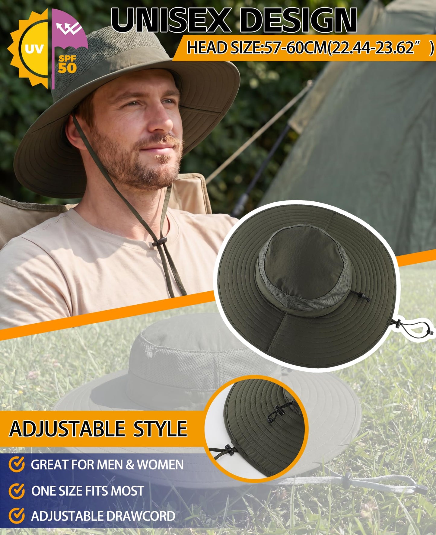 Home Prefer UPF50+ Mens Sun Hat Wide Brim Fishing Hat Foldable Large Brim UV Protection Sun Hat for Men Women Beach Gardening