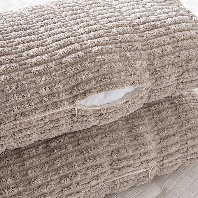 Fancy Homi Taupe Long Lumbar Decorative Throw Pillow Covers 14x36 Inch for Bed Couch Bed Sofa, Rustic Farmhouse Boho Room Decor, Soft Striped Corduroy Rectangle Cushion Case 35x91 cm