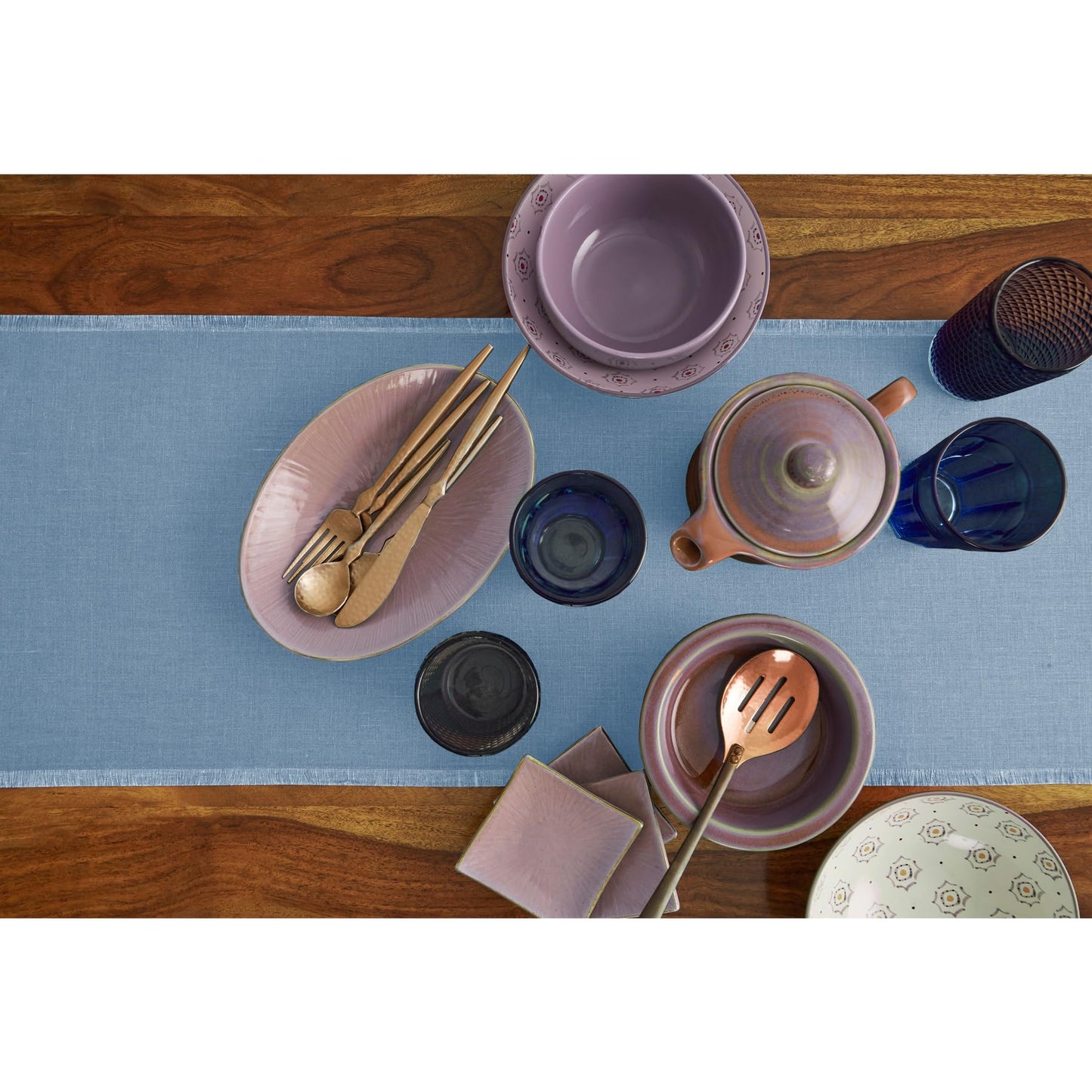 Solino Home Linen Dusty Chambray Blue Table Runner 108 Inches Long - Fringe, 100% Pure Linen 14 x 108 Inch Table Runner for Summer