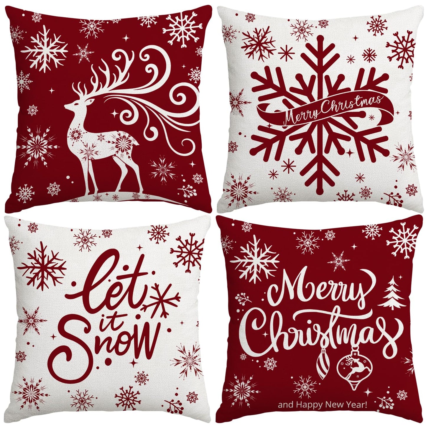 Artmag Merry Christmas Throw Pillow Covers 16x16 inch Snowflakes Let it Snow Moose Winter Holiday Red Cushion Case for Coach Sofa Decorations Set of 4