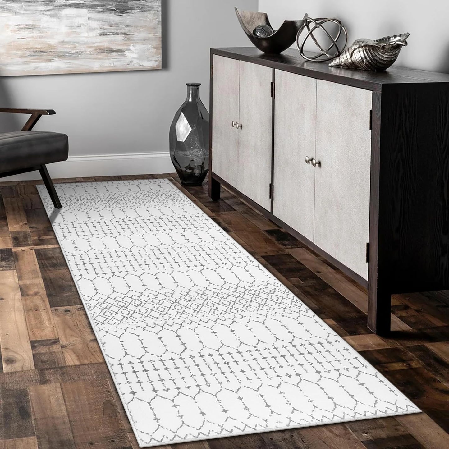 Lahome Moroccan Kitchen Runner Rug - 2x8 Non-Slip Washable Hallway Rug Runner Ultra-Thin Soft Throw Bathroom White Print Distressed Carpet for Entryway Laundry Room Living Room Hana