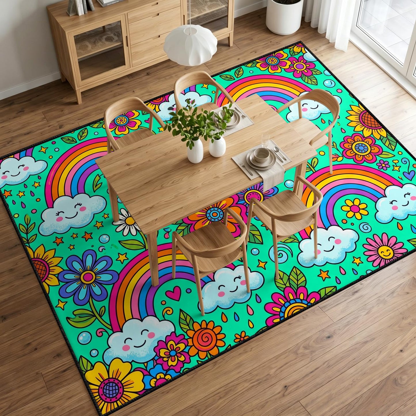 Qorauhy Kids Rainbow Rug for Girls Bedroom 5x8 Cute Cloud Rainbow Area Rug