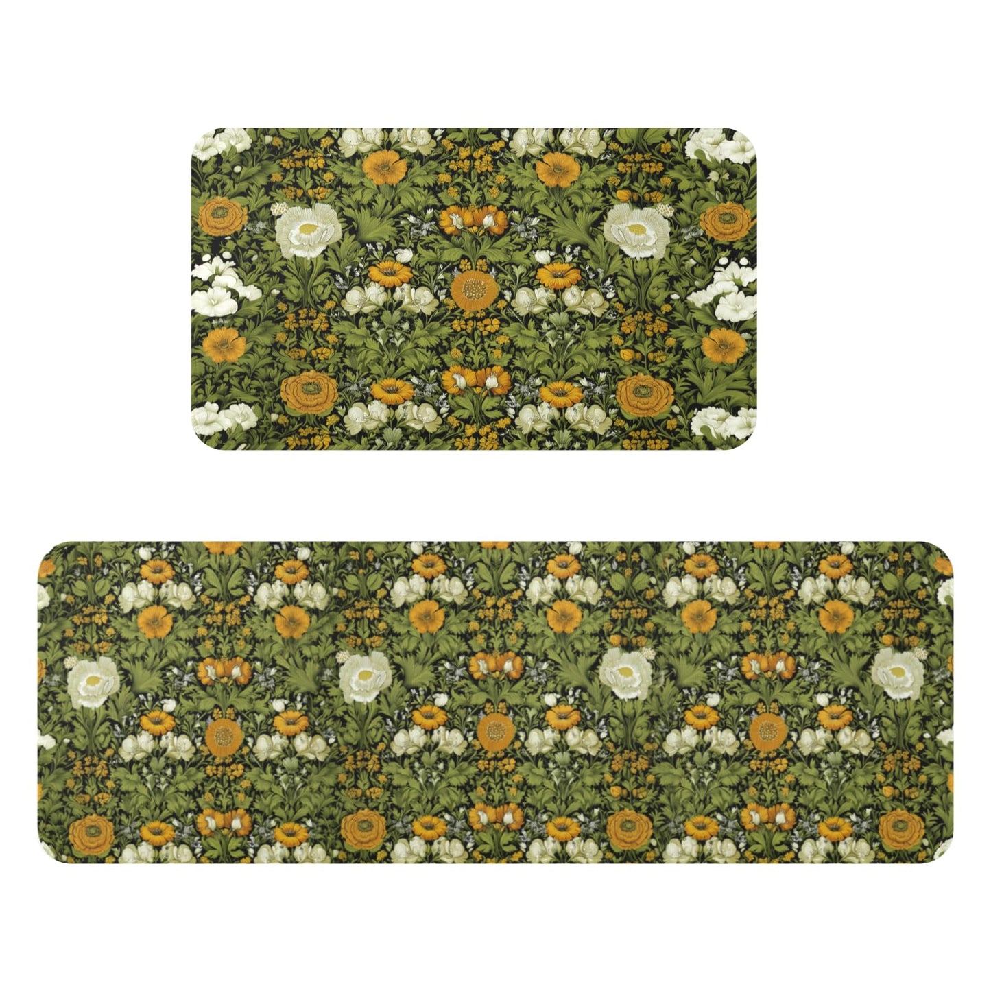 Wualmondor Dark Green Kitchen Rugs Set of 2 Floral Print Kitchen Mats 17"x47"+17"x30" Low Pile Washable Non Slip Rubber Backing Floor Mats for Sink Laundry Home