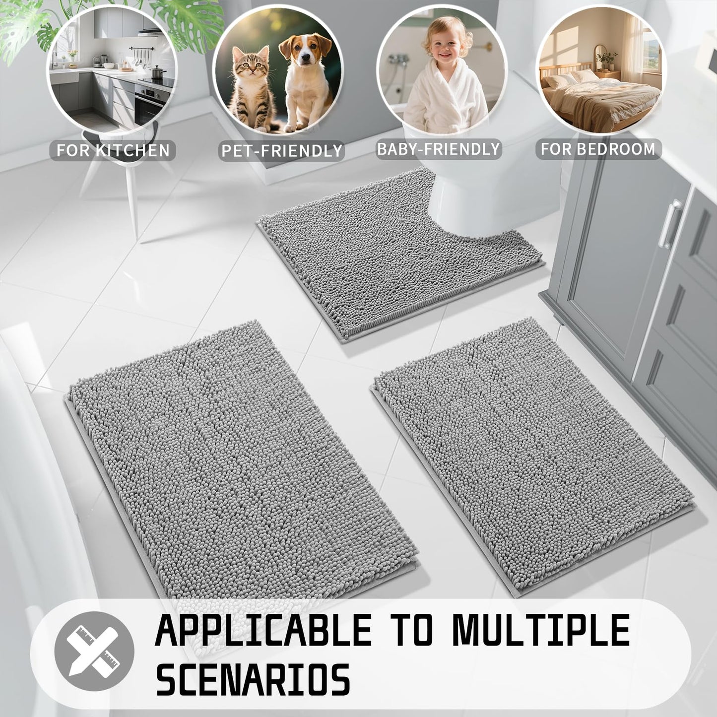 Yimobra Washable Bathroom Rugs, Super Soft & Absorbent Chenille Bath Mat for Floor & Carpet, Quick Dry Non Slip Bath Mat for Tub Shower, 24" x 17",Gray