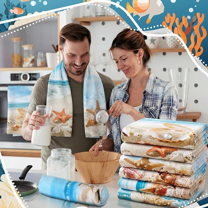 Breling Set of 6 Summer Beach Kitchen Towels Coastal Dish Towel Bathroom
