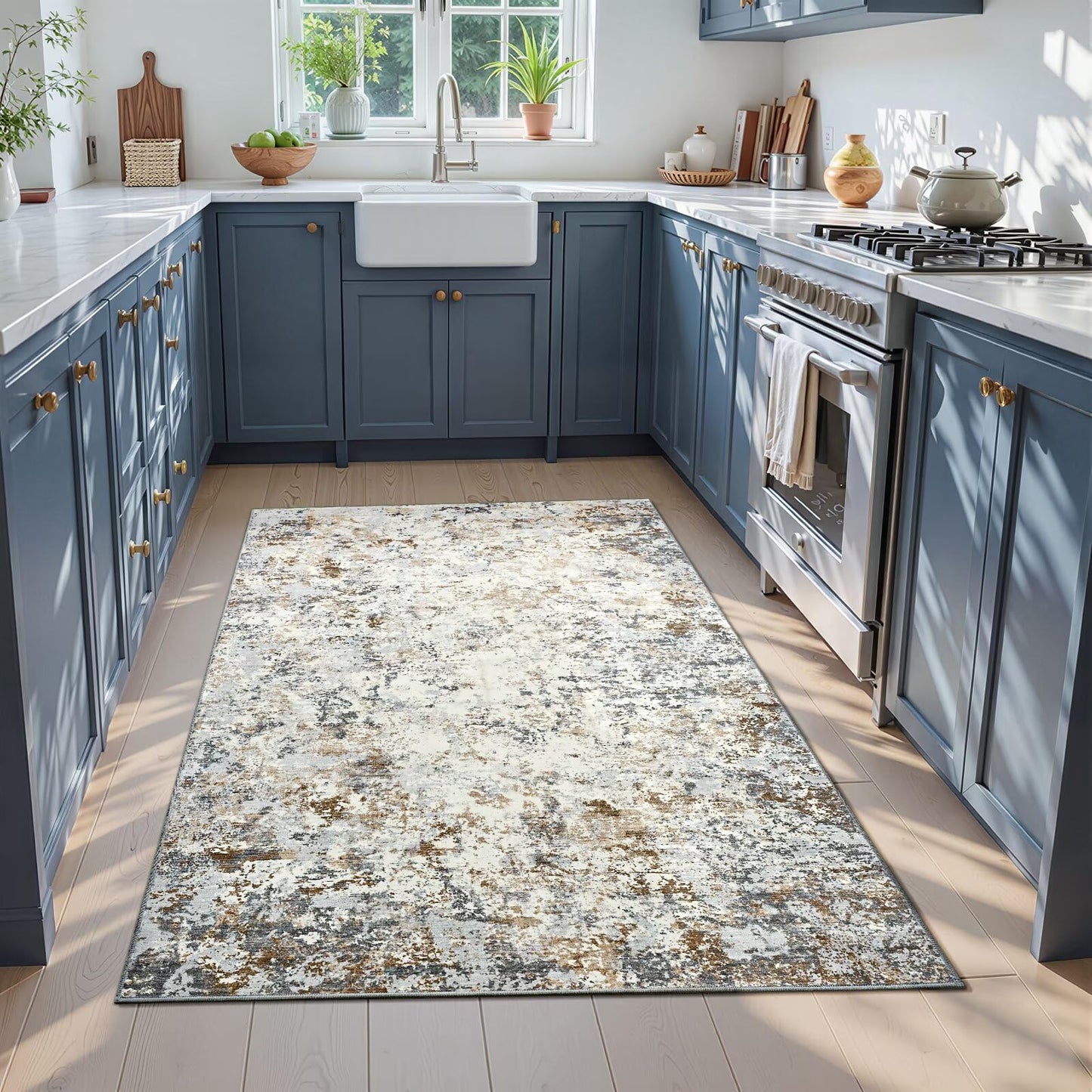 Toneed Abstract Area Rug Modern Washable Rug Soft Non Slip Rug Low Pile for Bedroom Living Room Dining Room Brown/Grey 4x6 Feet