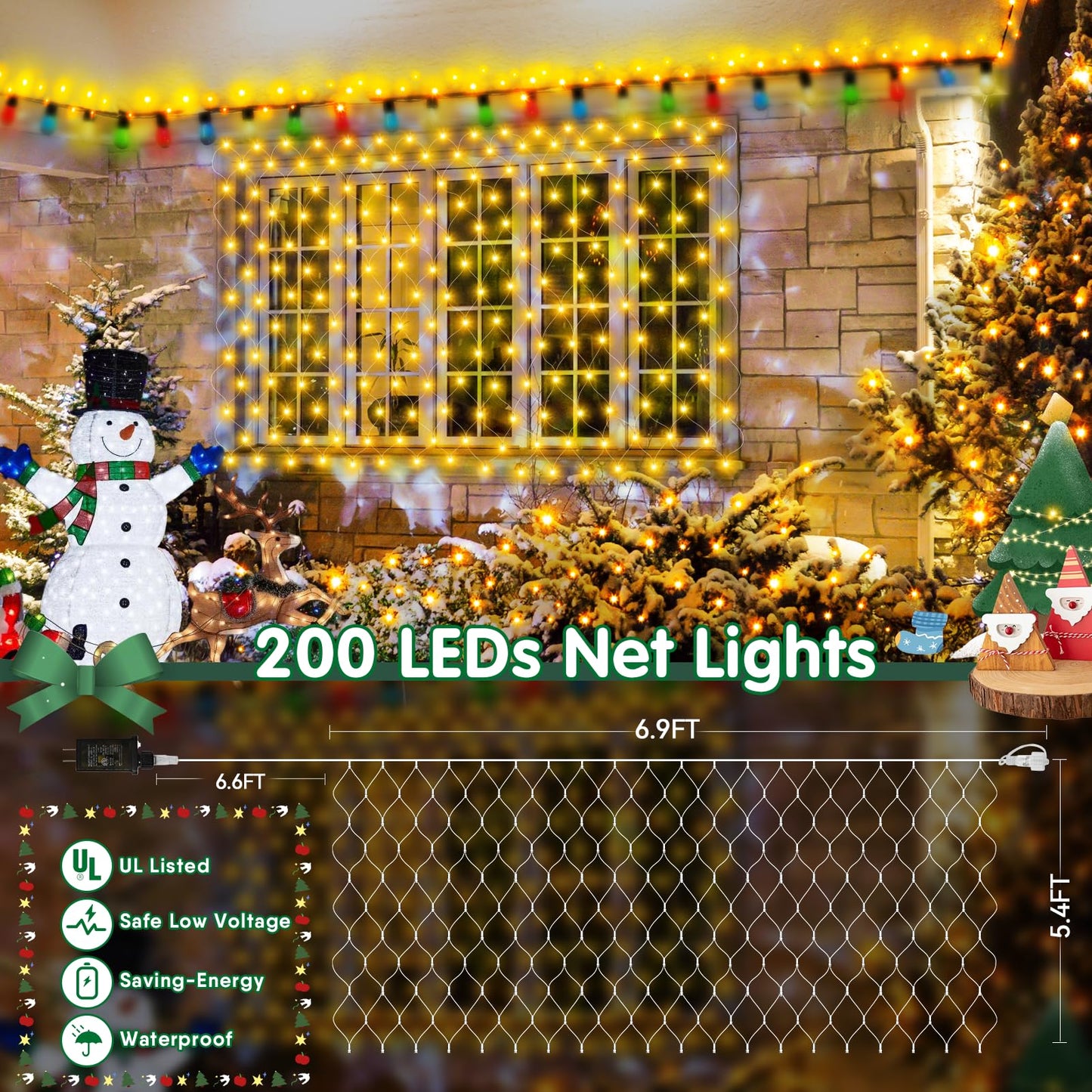 Hezbjiti Christmas Net Lights Outdoor 200 LED 6.9FT x 5.4FT Clear Wire with 8 Modes, Connectable Plug in Waterproof, Timer Memory Function for Xmas Tree Bushes Porch Lawn Windows Decor（Warm White）