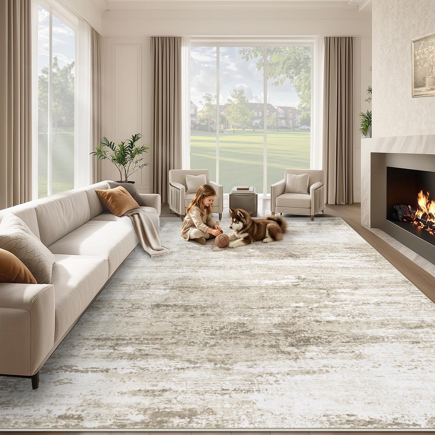 Washable Rug 9x12 Area Rugs for Living Room: Large Neutral Soft Rug Abstract Non Slip Low Pile Modern Carpet for Bedroom Kitchen Nursery Office Dining Room Indoor (Beige, 9'x12')