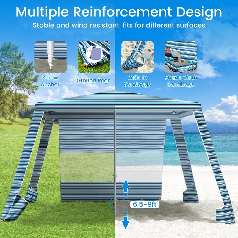 MoKo Beach Cabana, 8'×8' Large Beach Canopy with Side Wall, UPF 50+ Protection Easy Setup Beach Tent Sun Shelter, Adjustable Height Wind Resistant Cabana Beach Tent for Whole Family, Blue-Green Stripe
