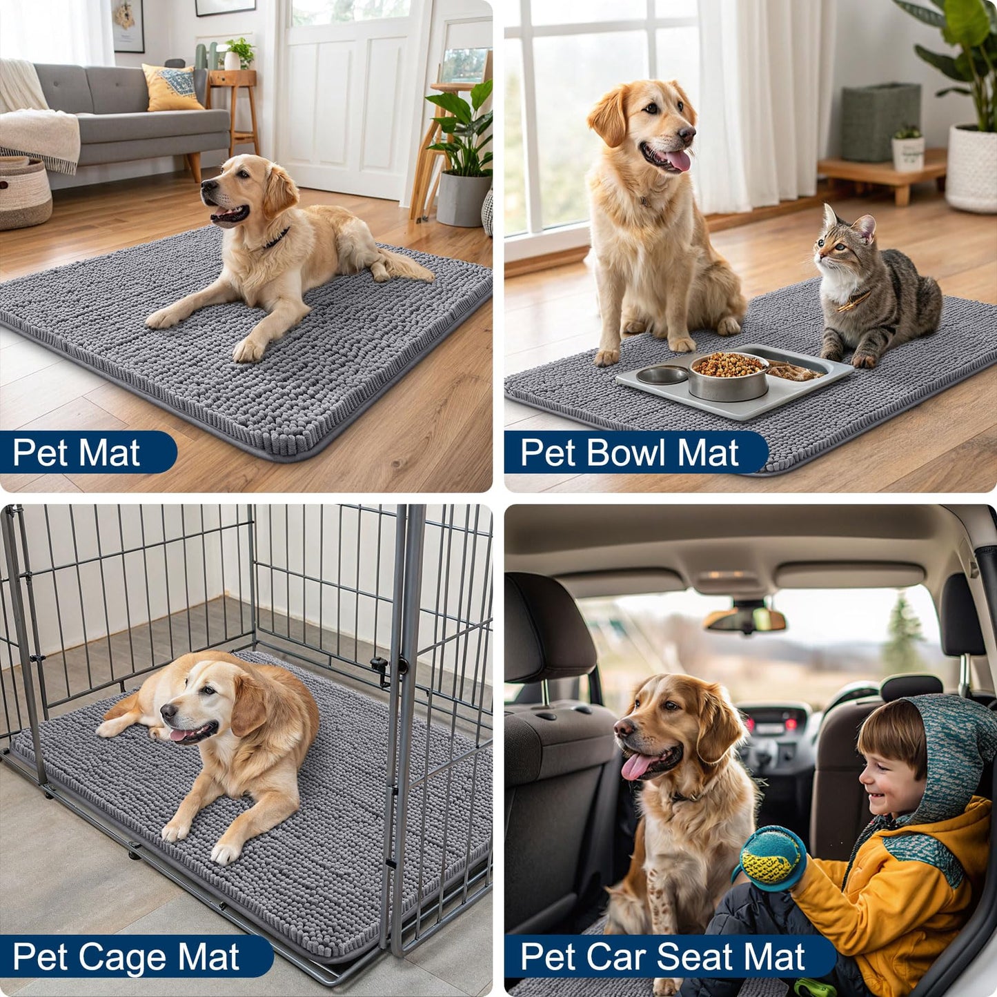 Smiry Dog Door Mat for Muddy Paws 30x20, Absorbent Dirt Trapper, Non-Slip Washable Chenille Entryway Rug for Inside Floor, Grey, Classic Solid