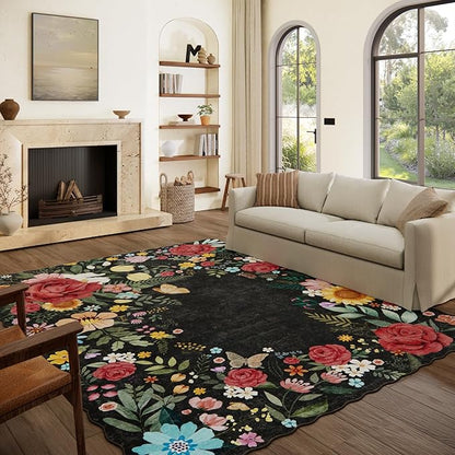 Washable Rugs for Living Room: 8x10 Area Rugs for Bedroom Soft Ultra Thin Stain Resistant Non Slip Low Pile Lightweight Vintage Floral Carpet for Dining Room Decor (Black)
