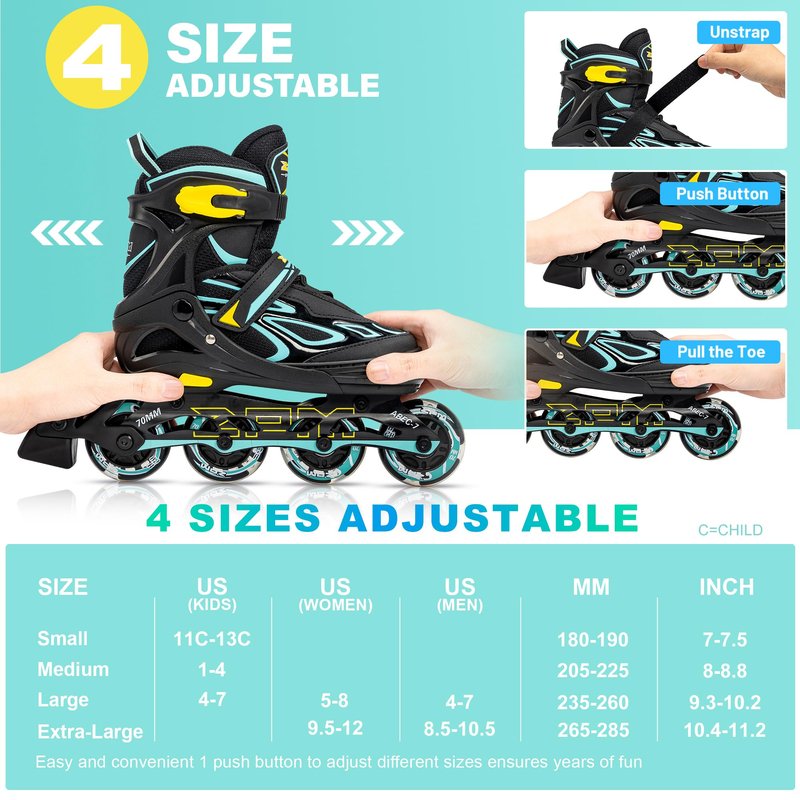 2PM SPORTS Vinal Girls Adjustable Flashing Inline Skates, All Wheels Light Up, Fun Illuminating Skates for Kids and Men - Cyan Small (11C-13C US)
