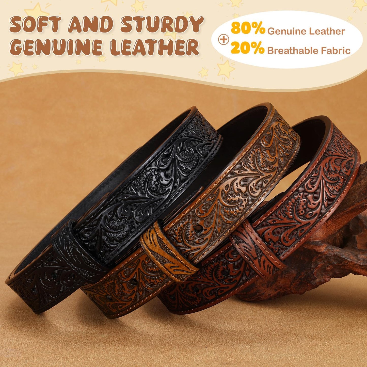 SANSTHS Kids Western Belt for Boys Girls Genuine Leather Cowboy Cowgirl Belts with Detachable Buckle for Jeans Western Gifts, Slivery Horse Buckle/Brown Belt